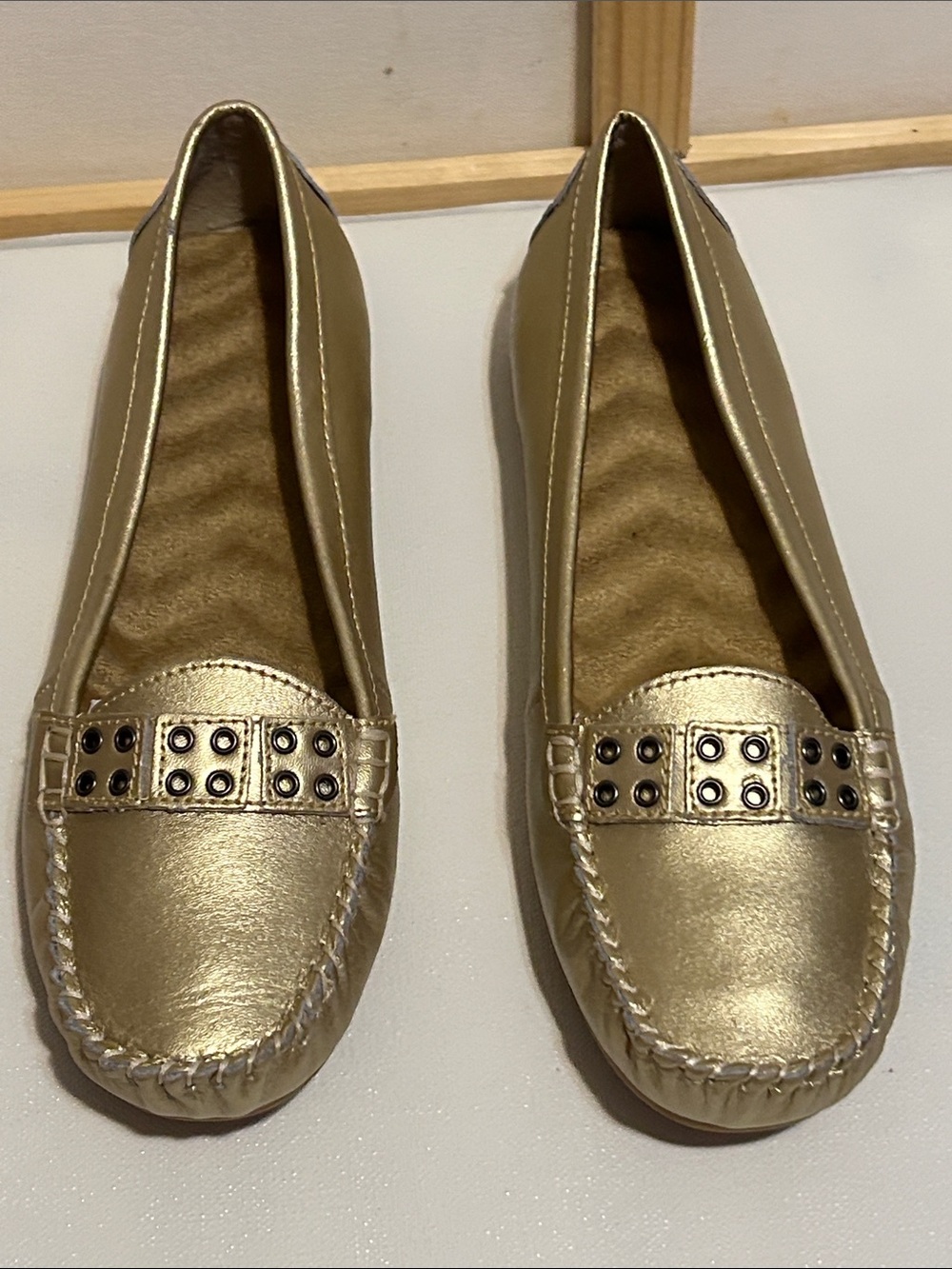 Gold Women’s Slip-On Loafers with Stud Detail